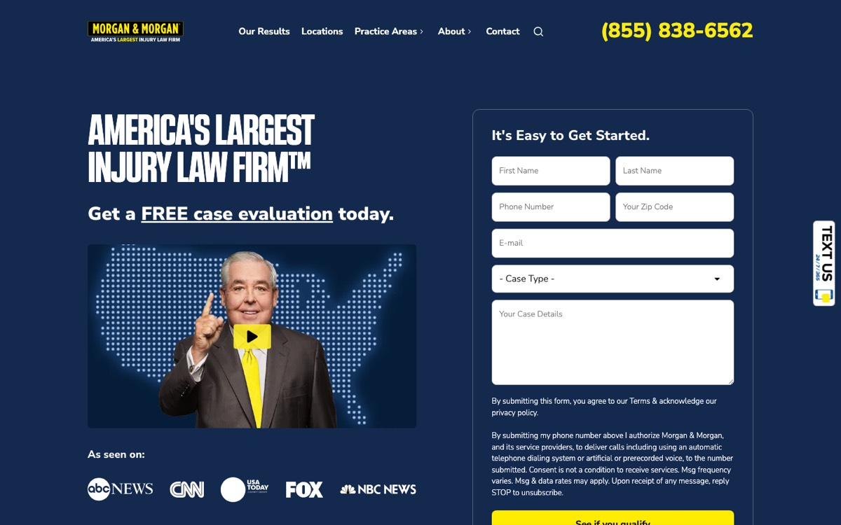 Above-the-fold screenshot of Morgan & Morgan's personal injury landing page showing the headline "America's Largest Injury Law Firm", a free case evaluation promise, a video thumbnail, As Seen On media logos and a seven-field intake form
