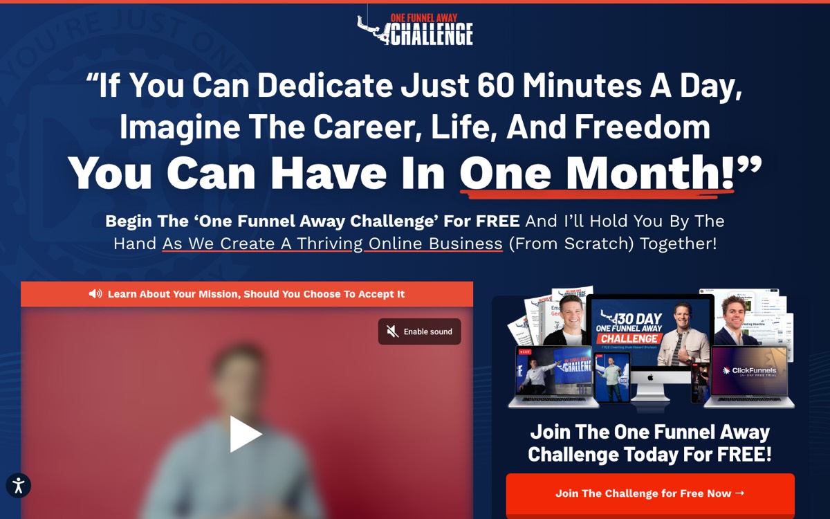 Above-the-fold screenshot of the One Funnel Away Challenge video sales letter page showing a long quoted headline, a muted video player with an Enable Sound button, a product mockup and a Join the Challenge for Free Now button