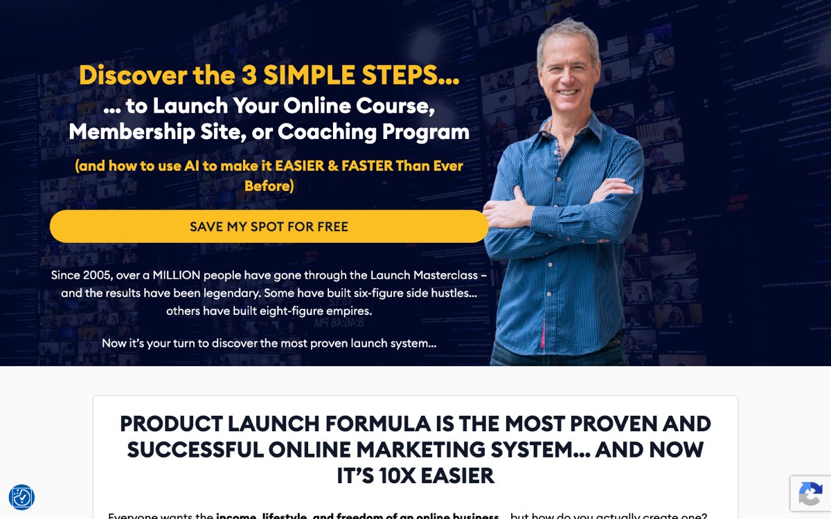 Above-the-fold screenshot of the Product Launch Formula masterclass registration page showing the headline "Discover the 3 Simple Steps to Launch Your Online Course", a yellow Save My Spot for Free button and the host photo