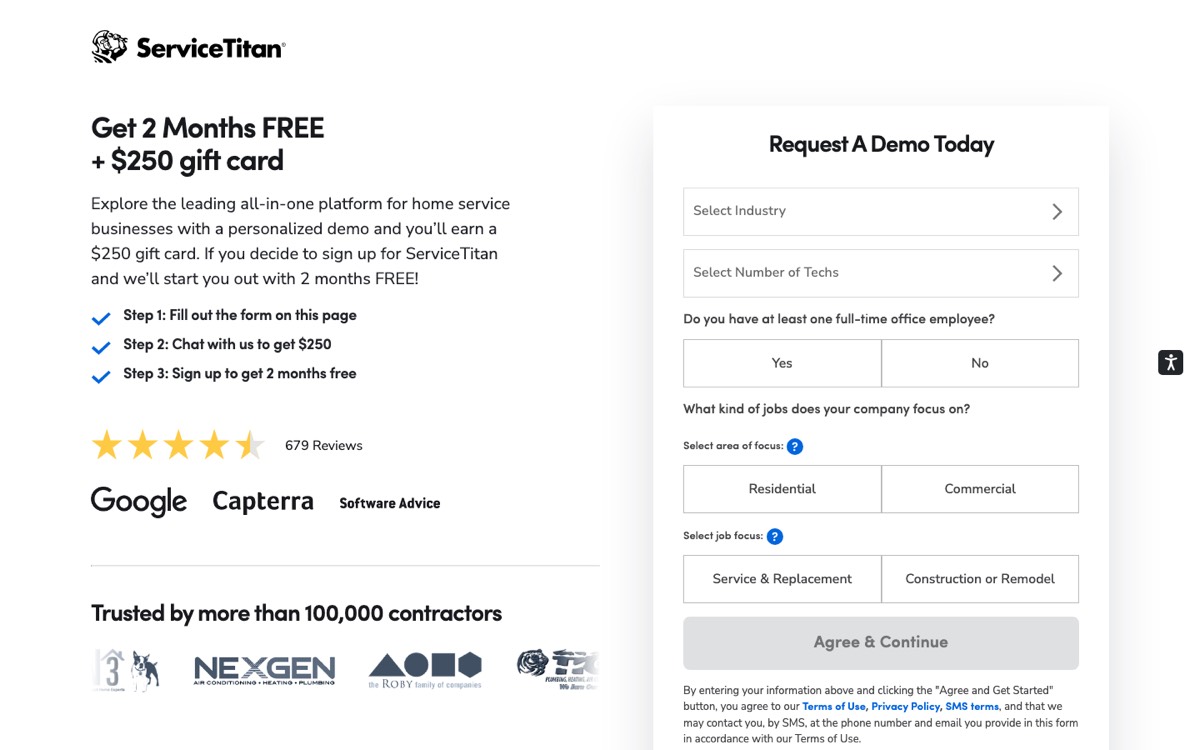 Above-the-fold screenshot of ServiceTitan's demo request landing page showing a 2 months free plus $250 gift card offer, three numbered steps, review ratings, contractor logos and a multi-question demo form