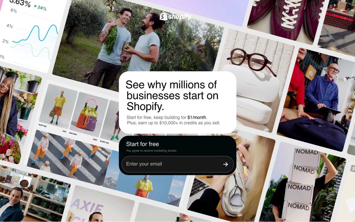 Above-the-fold screenshot of Shopify's free trial landing page showing the headline "See why millions of businesses start on Shopify", a $1 per month offer and a single email field, surrounded by merchant photos